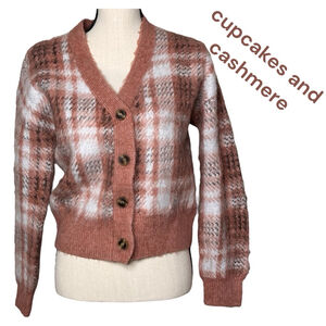Cupcakes and Cashmere Knit Cropped Cardigan XS Pink Brown Plaids